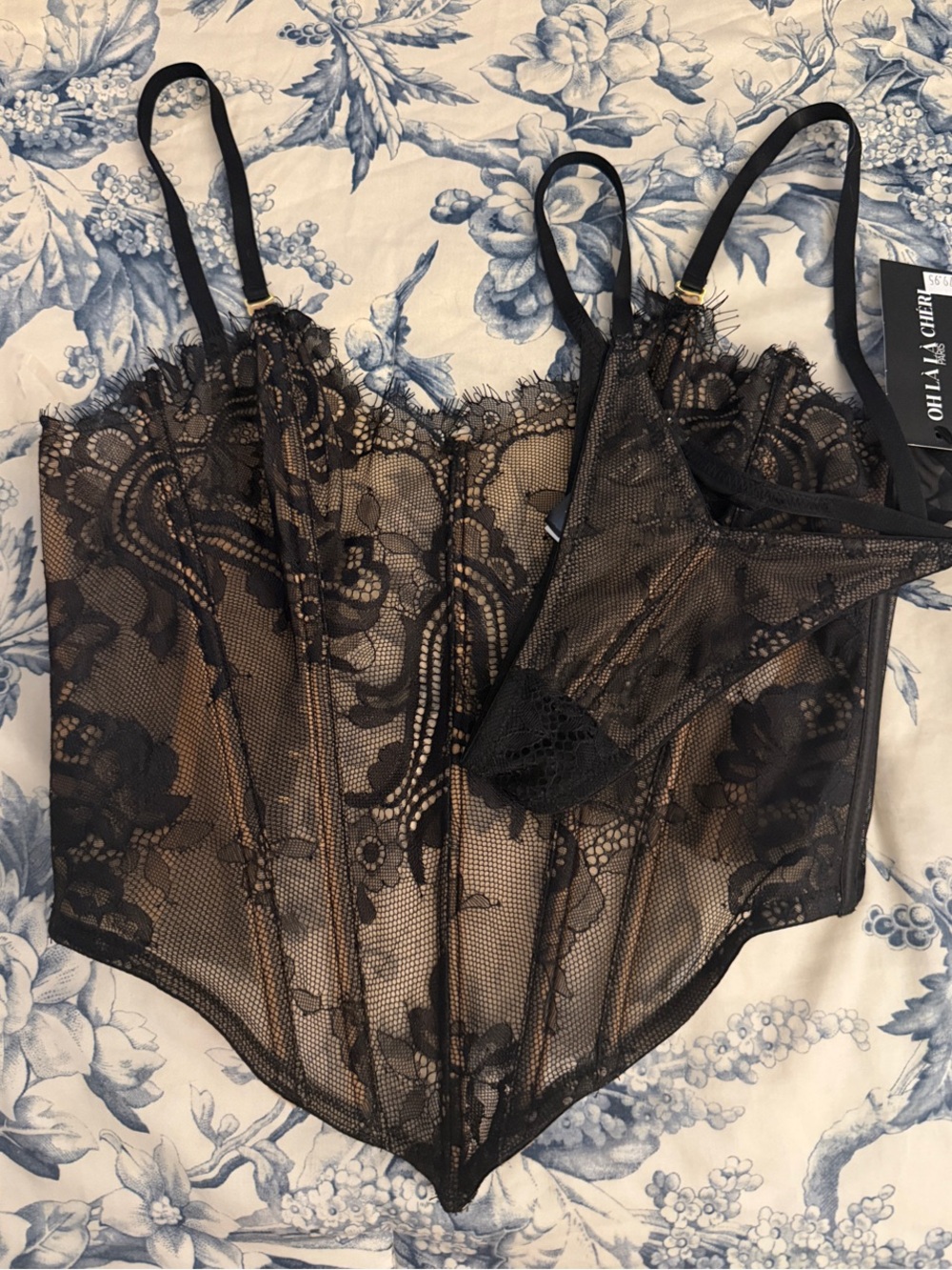 NWT Sheer Lace Bustier Corset with Thong - Black